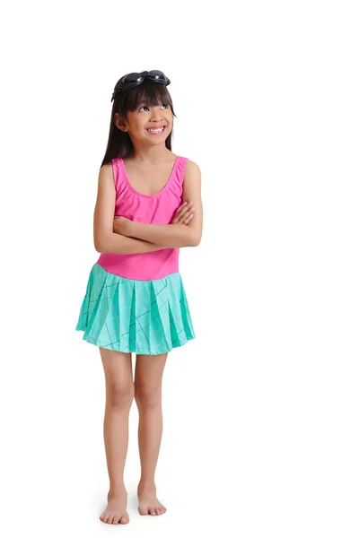 Little asian girl wearing swimsuit look up empty space — Stock Photo, Image