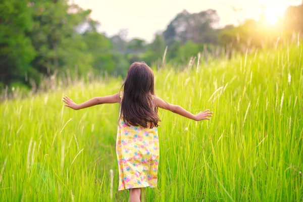 Glückliches kleines Mädchen läuft auf Wiese — Stockfoto