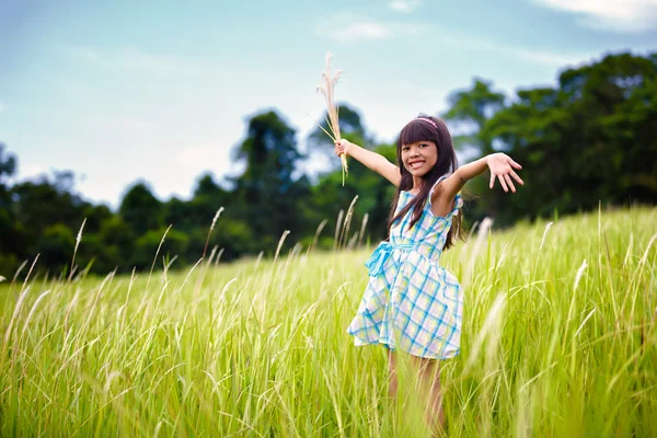 Pequeña chica asiática con los brazos abiertos contra prado verde —  Fotos de Stock