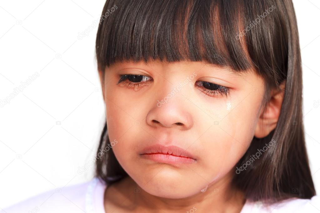 Little girl crying with tears rolling down her cheeks