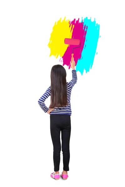 Little girl use paint roller painting the wall — Stock Photo, Image