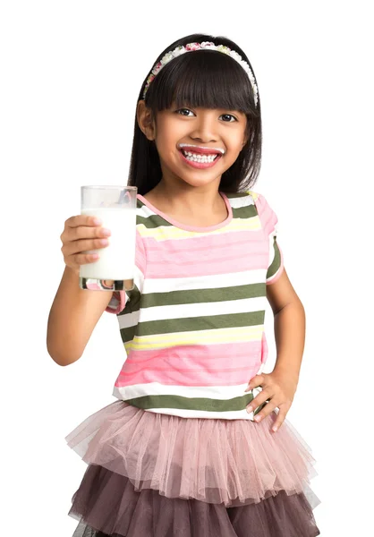 Happy asian girl with milk mustache — Stock Photo, Image