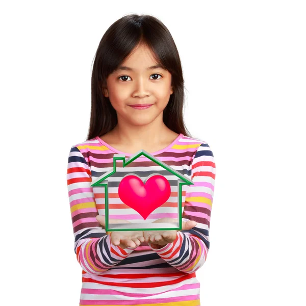 Happy little asian girl with virtual house — Stock Photo, Image