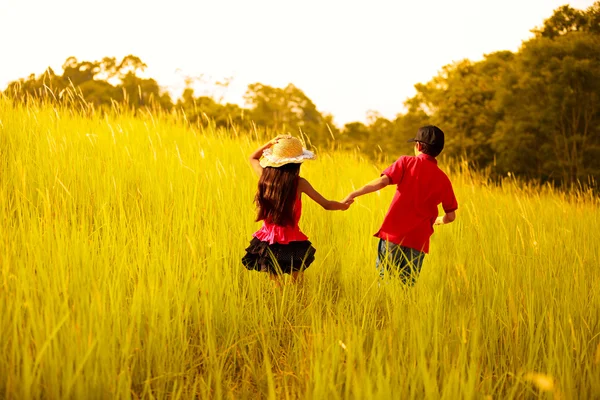 Enfants heureux courant à la prairie — Photo