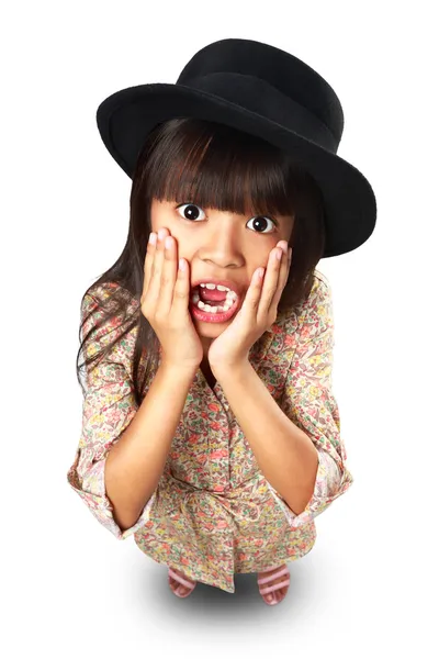 Surprised little asian girl looking up to camera top angle view — Stock Photo, Image