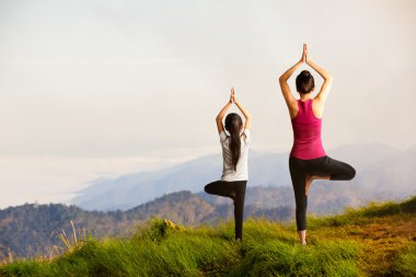 Anne ve kızı yoga yapıyor.