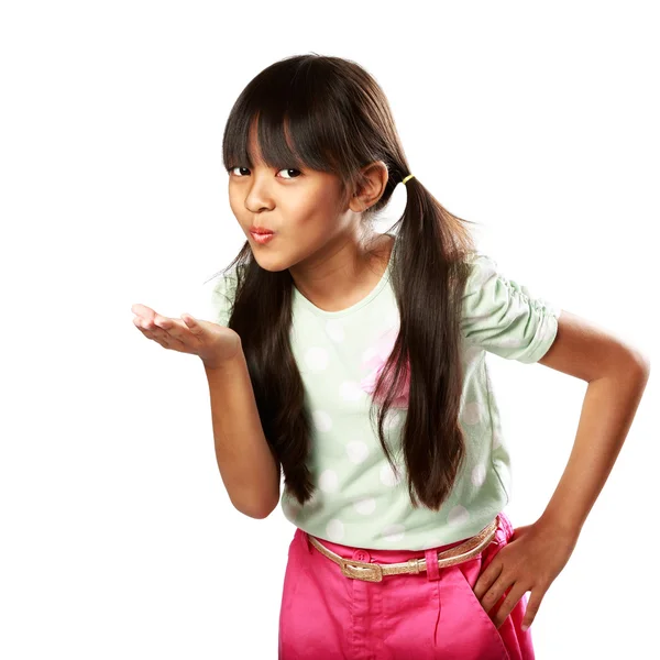 Little girl blows with an empty hand — Stock Photo, Image
