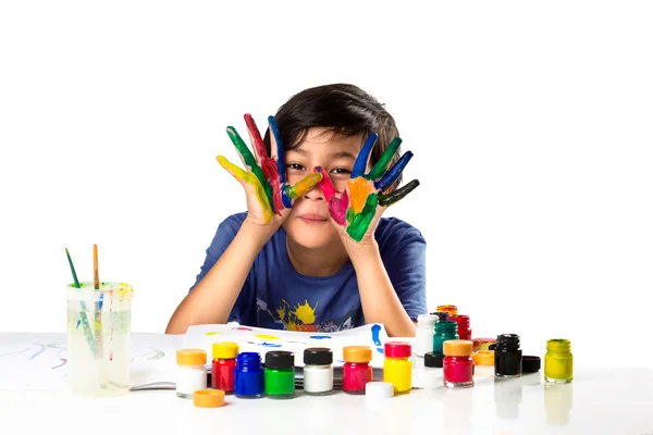 Young asian boy with hands in paint — Stock Photo, Image