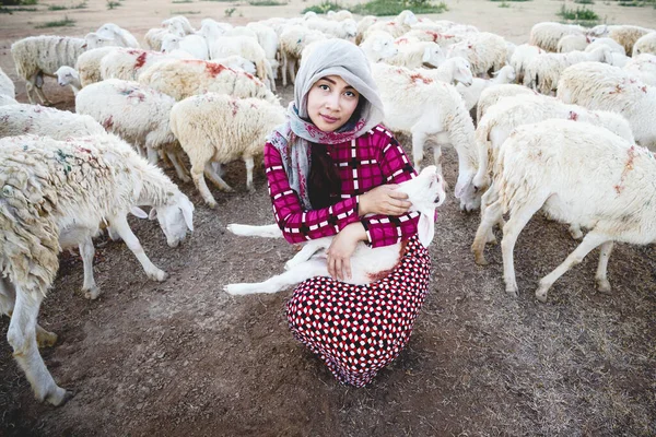 Kobieta Pasterz Małymi Owcami — Zdjęcie stockowe