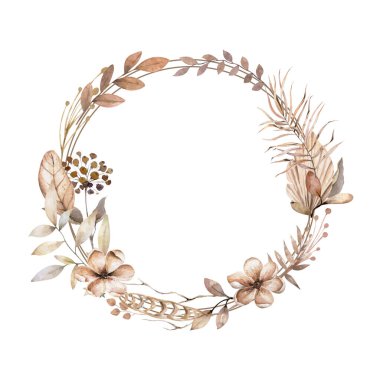 Kurumuş ay, orkide, pampa otları çiçek çelengi. Egzotik kurumuş çiçekler, palmiye yapraklı davetiye kartı. Suluboya şablon çerçevesi, kaydetme tarihi, modern poster, moda tasarım