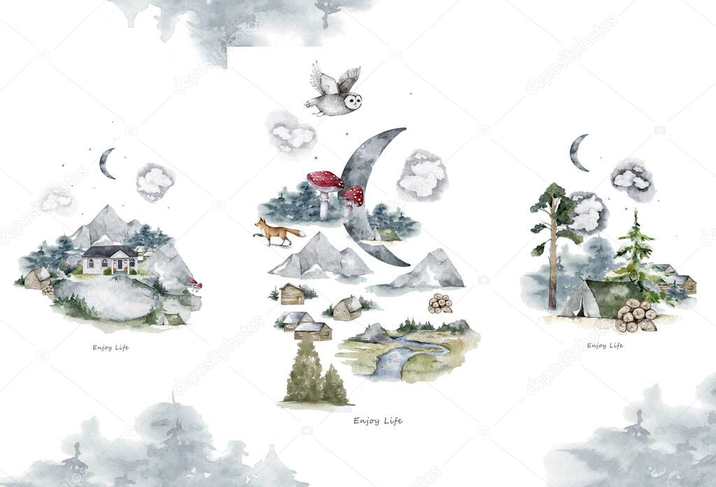 Camp in the forest. Outdoor recreation near the lake. Watercolor hand drawn isolated set landscape, lake, forest, tree, tiny house. Travel set