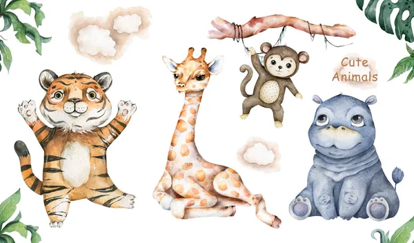Bebek zürafa, su aygırı, kaplan ve maymun. Suluboya elle çizilmiş karikatür zürafa tropikal hayvan çizimi. Orman safarisi sevimli hayvanlar ormanlık — Stok fotoğraf
