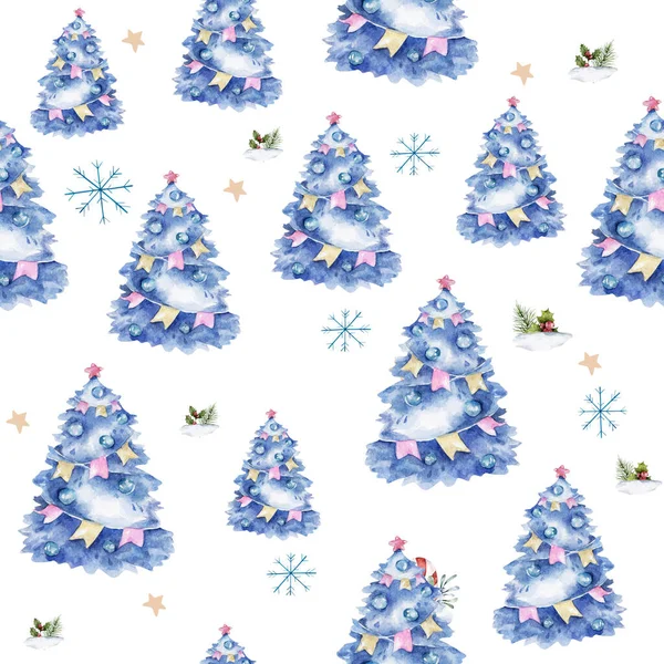 Boże Narodzenie bezproblemowy wzór z zimowych drzew i świerków. Ręcznie rysowane akwarela niebieskie choinki skandynawskie na białym tle — Zdjęcie stockowe