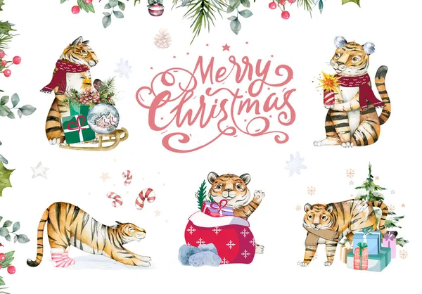 Buon Natale acquerello lettering con isolato carino cartone animato acquerello divertimento set tigre illustrazione. Mano disegno acquerello nuovo anno festa poster di auguri. — Foto Stock