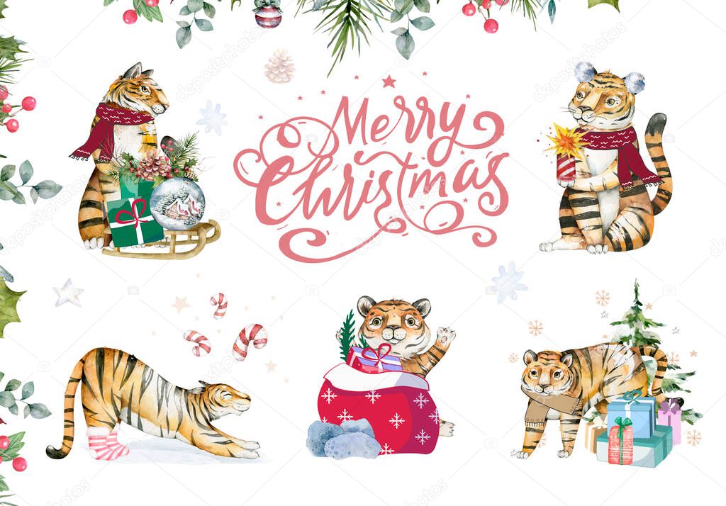 Merry Christmas watercolor lettering with isolated cute cartoon watercolor fun set tiger illustration. Hand drawing watercolor new year holiday greeting poster.