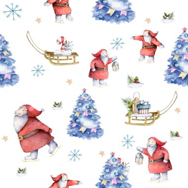 Kış ağaçları, kızaklar ve süslemelerle kusursuz bir Noel deseni. El çizimi suluboya mavi noel İskandinav ağacı beyaz arka planda