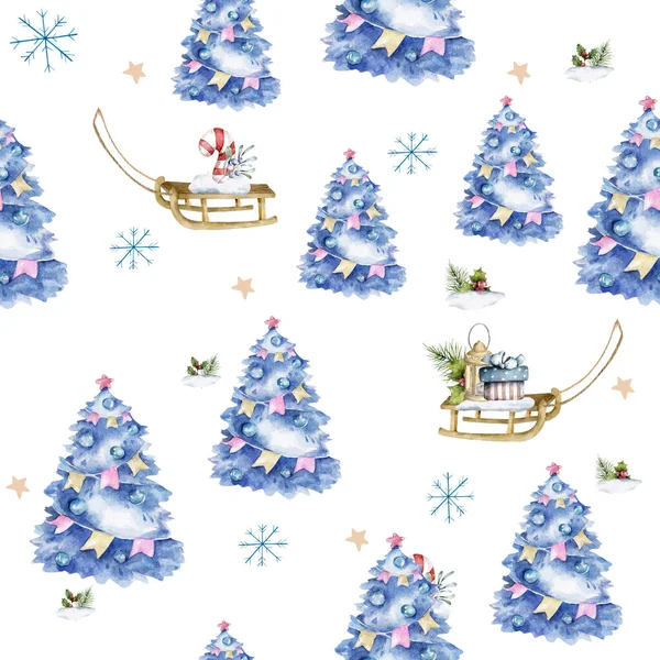Boże Narodzenie bezproblemowy wzór z drzewami zimowymi, saniami i świerkami. Ręcznie rysowane akwarela niebieskie choinki skandynawskie na białym tle — Zdjęcie stockowe