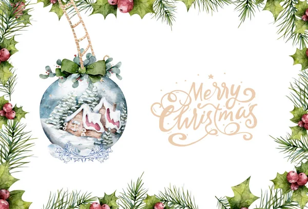 Kerstversiering Banner - dennenappels op Fir Branch met kerstverlichting en belettering vrolijk kerstfeest. Aquarelillustratie — Stockfoto