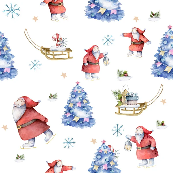 Boże Narodzenie bezproblemowy wzór z drzewami zimowymi, saniami i świerkami. Ręcznie rysowane akwarela niebieskie choinki skandynawskie na białym tle — Zdjęcie stockowe