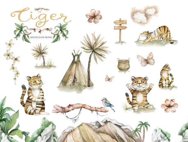 Cartoon Roztomilý Tygr Klacku Ručně Kreslené Akvarel Izolované Klip Art — Stock fotografie
