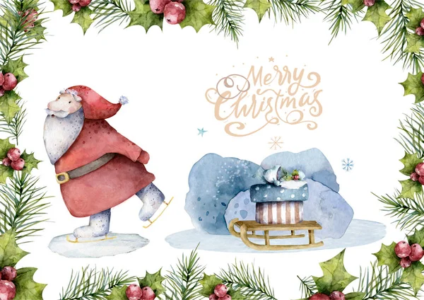 Рождественское украшение - Санта-Клаус катается на коньках с санями Рождественские огни и письмо с Рождеством. Карточка акварели, баннер — стоковое фото