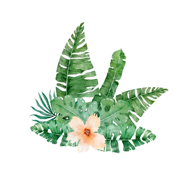 Akvarell mild ljus palm blommor. Tropisk krans gröna blad illustration — Stockfoto