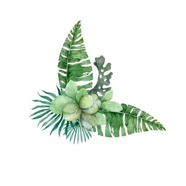 Akvarell mild ljus palm blommor. Tropisk krans gröna blad illustration. Gräns, fana — Stockfoto