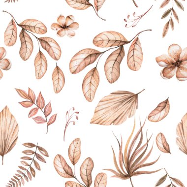 Suluboya desensiz. Beyaz orkide, palmiye yaprakları ve pampa dallarından elde boyanmış tropikal çiçekler. Romantik çiçek seti kumaş, düğün kartları ve hatıra defteri için mükemmeldir..