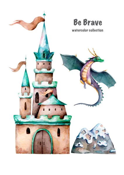 Cartone animato castello fiaba e draghi volanti. Acquerello disegnato a mano castello carino su sfondo bianco — Foto Stock