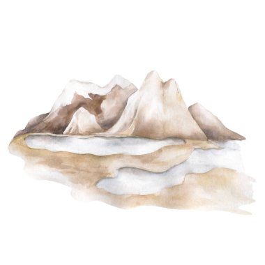 Suluboya dağları illüstrasyonu. Dağlarla çevrili bir manzara. Beyaz arkaplanda izole