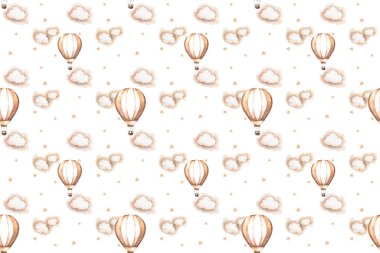 Hava balonlu ve bulutlu suluboya desenli. El yapımı klasik kolaj çizimi, sıcak hava balonu, soyut pastel bulutlar ve yıldızlar. Duvar Kağıdı