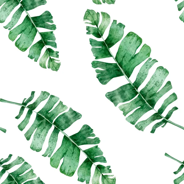 Tropiskt sömlöst mönster. Akvarell tropisk teckning, ros fågel och grönska palm, tropisk grön struktur, exotisk blomma. — Stockfoto