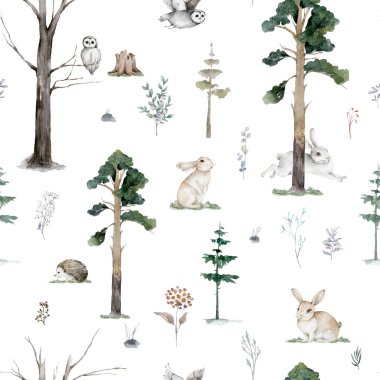 Woodland hayvanları suluboya desenli. Baykuş, kirpi, tilki ve kelebek, kuş yavrusu hayvan, İskandinav çocuk odası