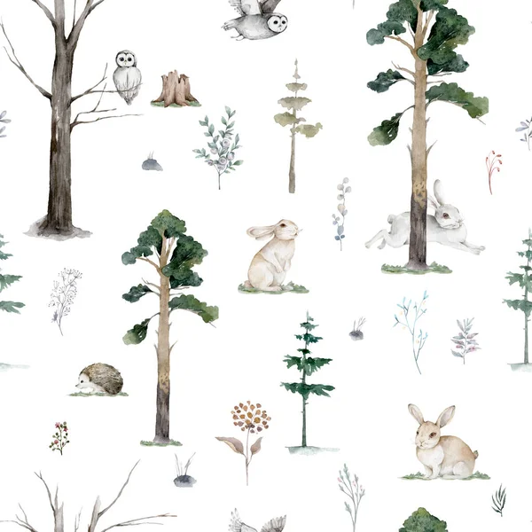Woodland hayvanları suluboya desenli. Baykuş, kirpi, tilki ve kelebek, kuş yavrusu hayvan, İskandinav çocuk odası