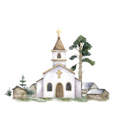 Kilise Eli, Paskalya, düğün, tebrik kartı için izole edilmiş suluboya resim çizdi.