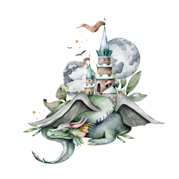 Cute green flying dragon Mythical dragon fairy with castle Hand drawn watercolor nursery Isolated illustration on white background. Chinese symbol. Fantasy dragon