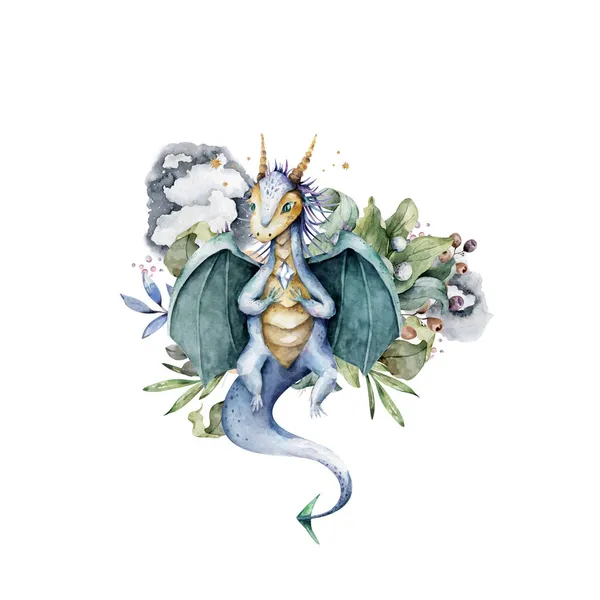 Lindo dragón volador verde Hada dragón mítico Vivero acuarela dibujado a mano Ilustración aislada sobre fondo blanco. Símbolo chino. Dragón de fantasía — Foto de Stock