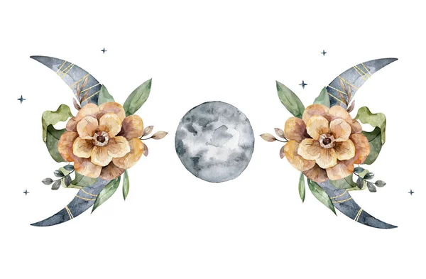 Фази акварельного місяця з ілюстрацією бузково-коричневих квітів ізольовані на білому тлі — стокове фото