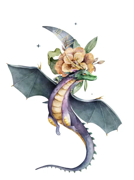Roztomilý zelený létající drak Mýtické drak víla Ručně kreslené akvarel jesle Izolované ilustrace na bílém pozadí. Čínský symbol. Fantazie drak — Stock fotografie