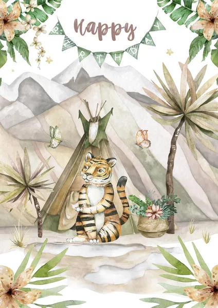 Roztomilý dětský tygr s chutným dort zvíře izolované ilustrace pro děti. Bohemian akvarel boho les jelen rodina akvarel kresba Ideální pro školky plakáty. Pozvánka na narozeniny — Stock fotografie