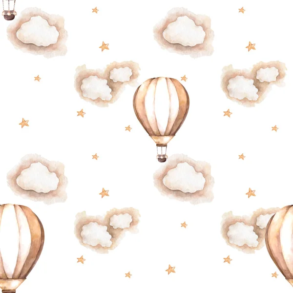 Seamless background cartoon pattern Balloons float in the sky with clouds and rainbows Hand drawn design in childrens style. Use for prints, wallpapers, decorations, textiles, illustrations.