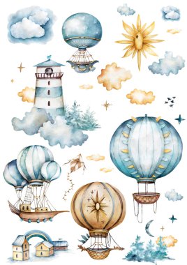 Hava balonları, kiraz kuşu bayrakları ve pastel renklerle bulutlarda suluboya koleksiyonuyla. Handpainted Hava balonlar beyaz arka plan, pastel bulutlar ve çok renkli bayraklar dekore edilmiş. Sulu boya seti
