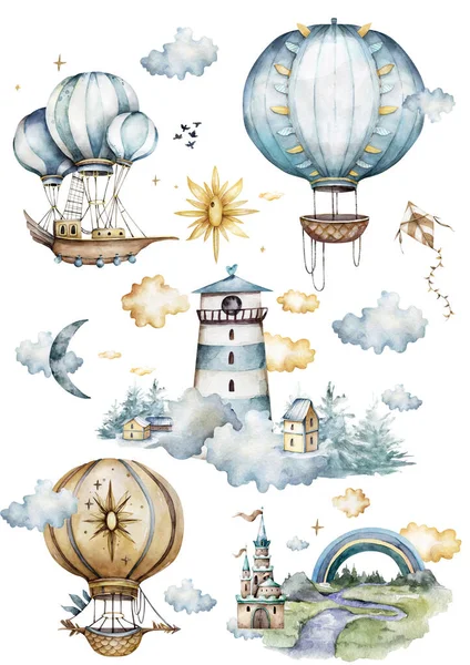 Hava balonları, kiraz kuşu bayrakları ve pastel renklerle bulutlarda suluboya koleksiyonuyla. Handpainted Hava balonlar beyaz arka plan, pastel bulutlar ve çok renkli bayraklar dekore edilmiş. Sulu boya seti