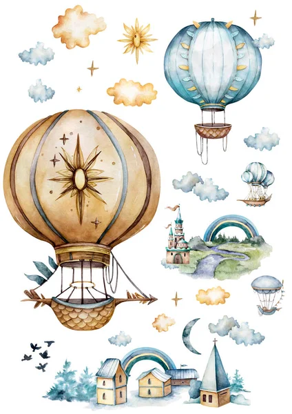 Akvarell gyűjtemény hőlégballonok, sármány zászlókkal és felhők, pasztell színekkel. Kézzel festett levegő ballons gyönyörűen díszített fehér háttér, pasztell felhők és a tarka zászlók. Vízfesték készlet — Stock Fotó
