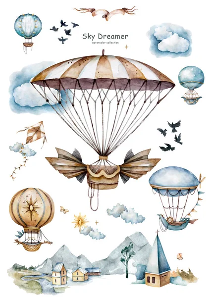 Coleção de aquarela com balões de ar, bandeiras de bunting e nuvens em cores pastel. Balões de ar pintados à mão lindamente decorados em fundo branco, nuvens pastel e bandeiras multicoloridas. Conjunto de aquarela — Fotografia de Stock
