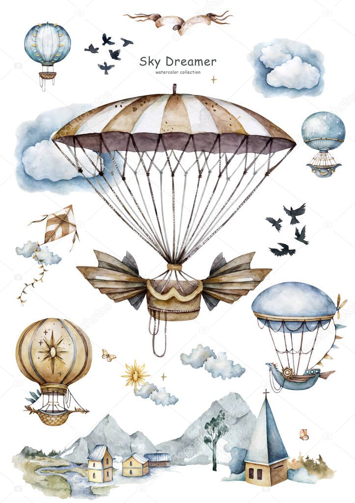 Watercolor collection with air balloons,bunting flags and clouds in pastel colours.Handpainted air ballons beautifully decorated on white background,pastel clouds and multicolored flags.Watercolor set