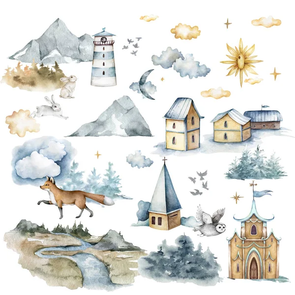 Акварельні ілюстрації з зимовим будинком і замком, сонце, ліс, лисиця, хмари, гора, церква і маяк в пастельних тонах . — стокове фото