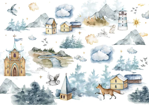 Aquarel illustratie met winterhuis en kasteel, zon, bos, vos, wolken, berg, kerk en vuurtoren in pastelkleuren. — Stockfoto