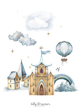 gentle watercolor castle with a rainbow, clouds, with cozy houses, forest, air balloon, kite, for greeting cards in pastel colors