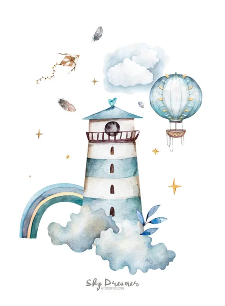 Sanfter Aquarell-Leuchtturm mit Regenbogen, Wolken, Heißluftballon, Mond, Drachen, für Grußkarten in Pastellfarben — Stockfoto